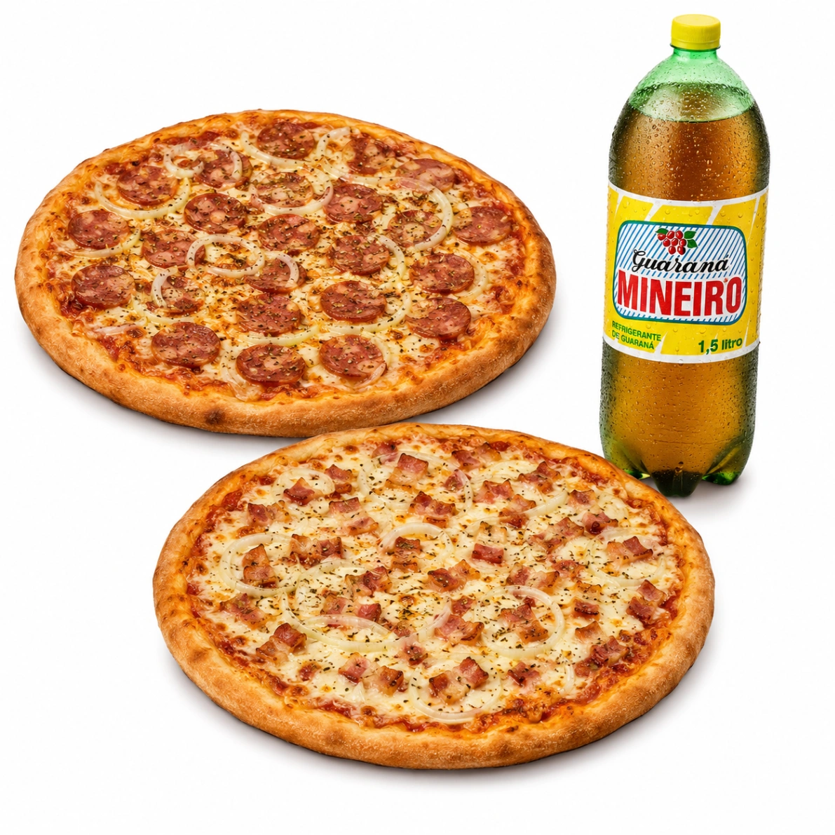 Combo: 2 Pizzas Econômicas G: 1 Calabresa + 1 Bacon + Guaraná 1,5L