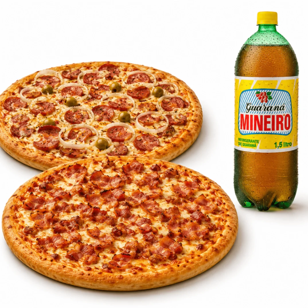 Combo: 2 Pizzas G: 1 Bacon + 1 Calabresa + Guaraná 1,5L