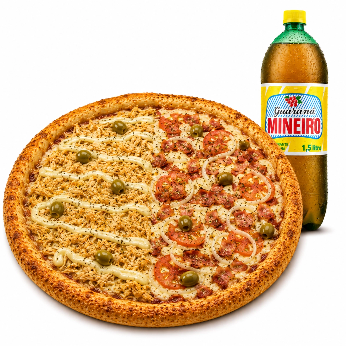 Combo: 1 Pizza G: 1/2 Frango Catupiry + 1/2 Bacon + Guaraná 1,5L