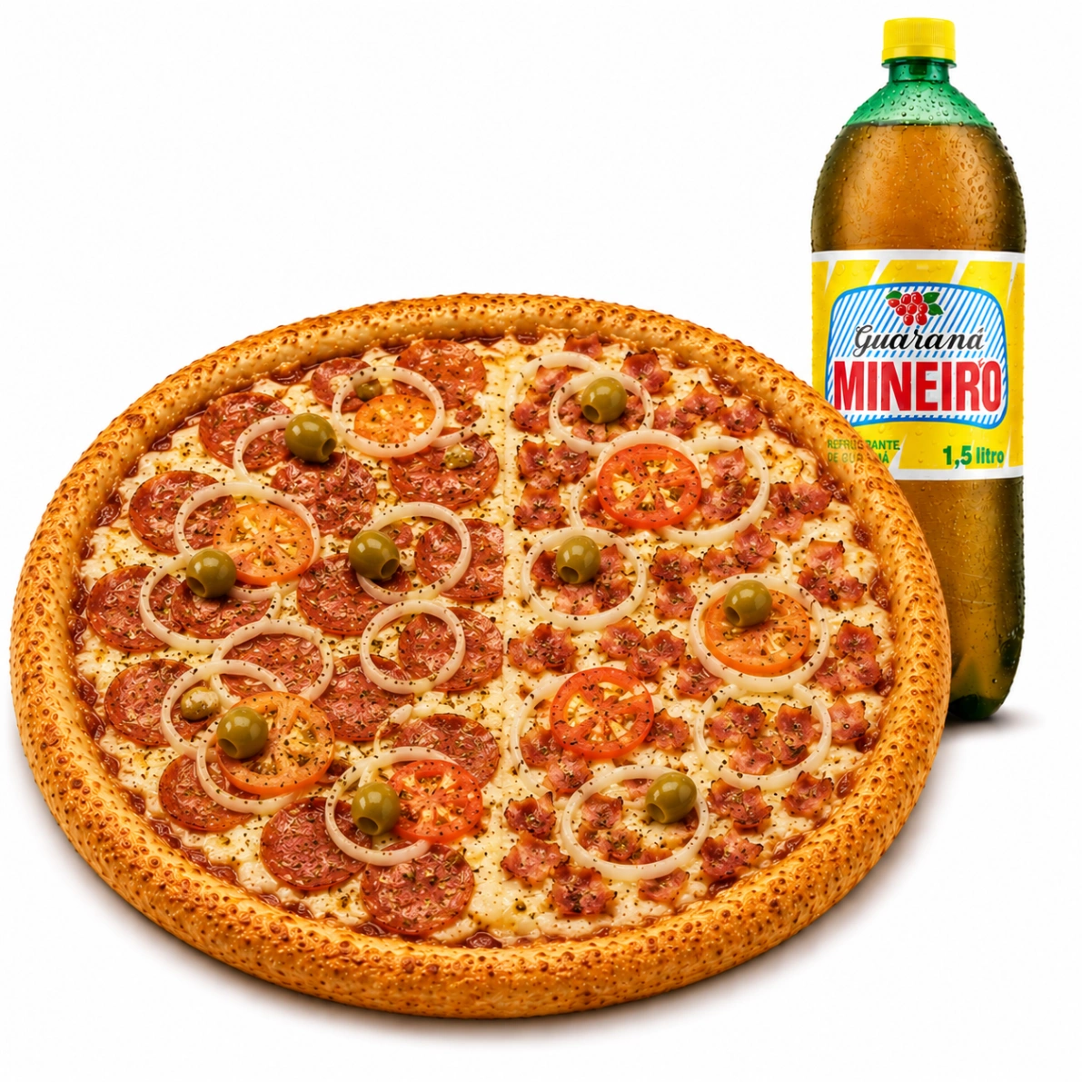 Combo: 1 Pizza G: 1/2 Calabresa + 1/2 Bacon + Guaraná 1,5L